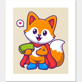 Cute Fox Super Hero Holding Money Cartoon Posters and Art